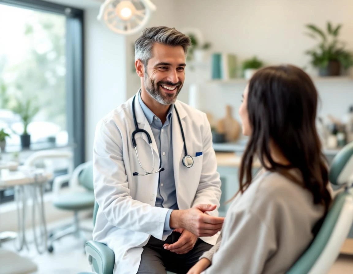 Un dentiste en blouse blanche accueillant chaleureusement un patient dans un cabinet dentaire moderne