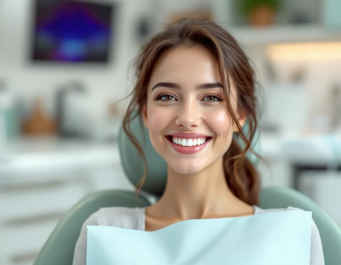 Patiente souriante montrant ses dents blanchies dans un cabinet dentaire