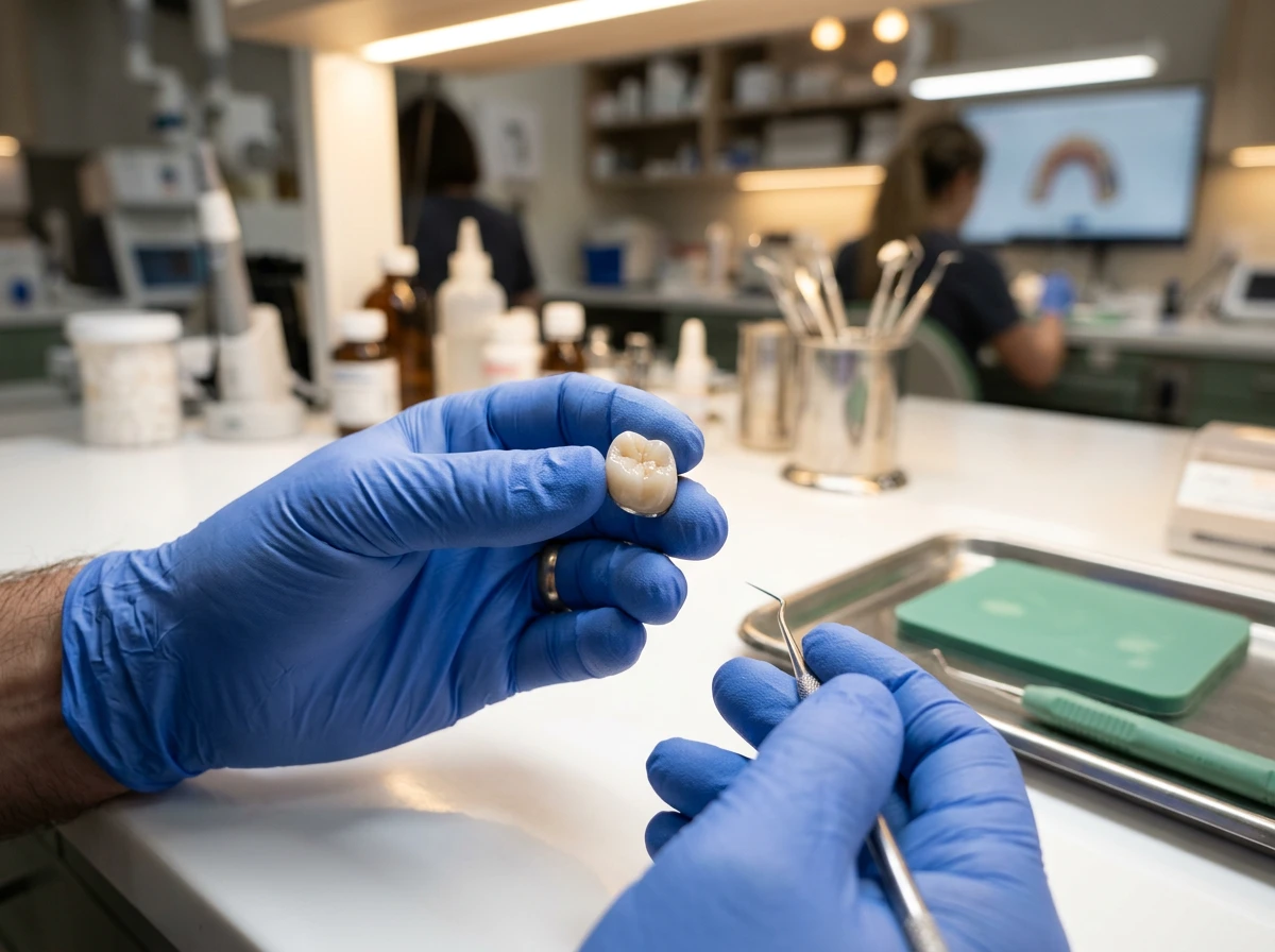 Prothèse dentaire en céramique tenue par un dentiste avec des gants