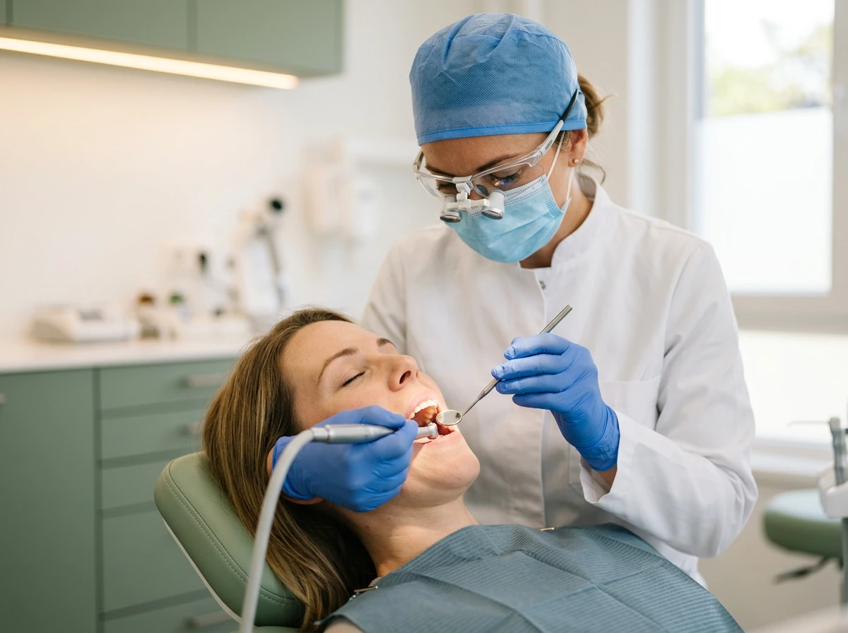 Dentiste effectuant un soin conservateur sur un patient dans un cabinet moderne